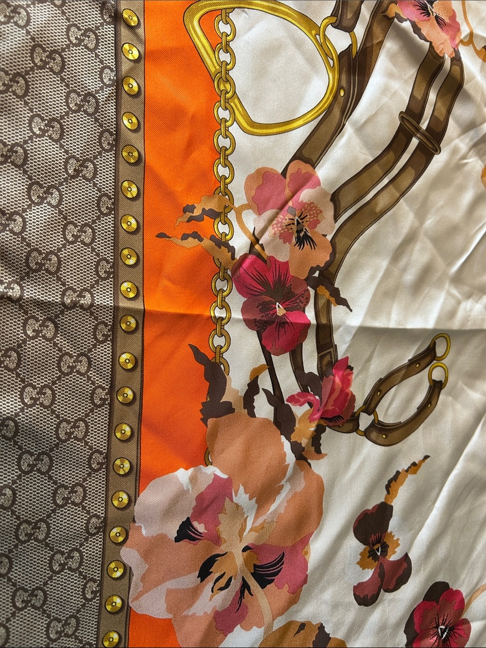 Gucci Floral Square Scarf - Orange, Pink, Brown - Picture 3 of 5